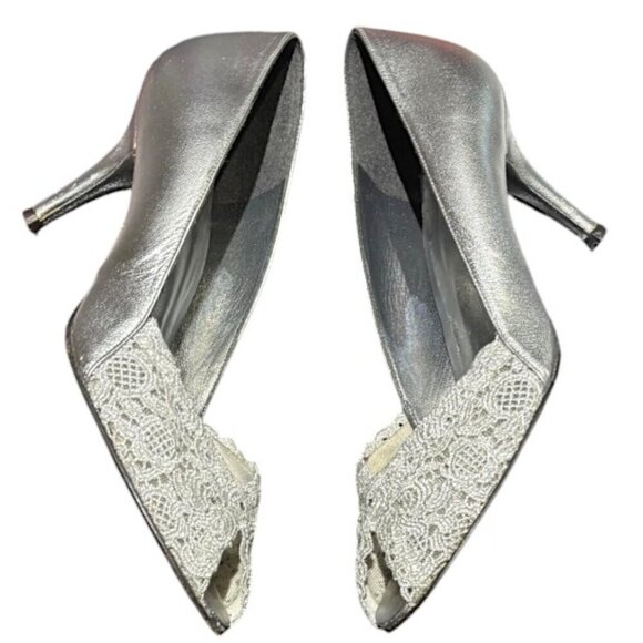 Stuart Weitzman Vintage Silver Chantilly Lace Gem Formal Peep Toe Heels Size 9.5 - Picture 8 of 12